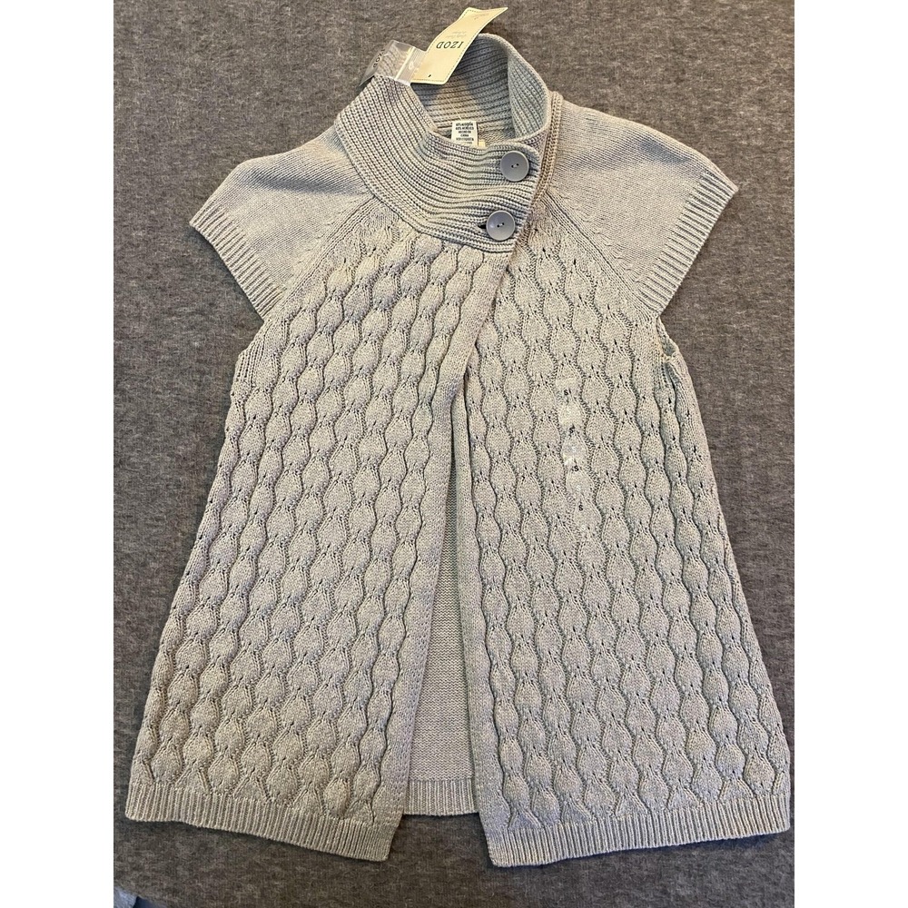 Izod Womens Small Gray Cable Knit Short Sleeve Mock Neck Button Cardigan NWT